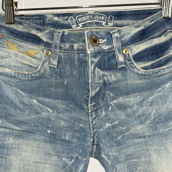 Robin’s Jeans Size 24 Style# R8657GLD Skinny Jeans Distressed Gold Wings - Picture 4 of 14
